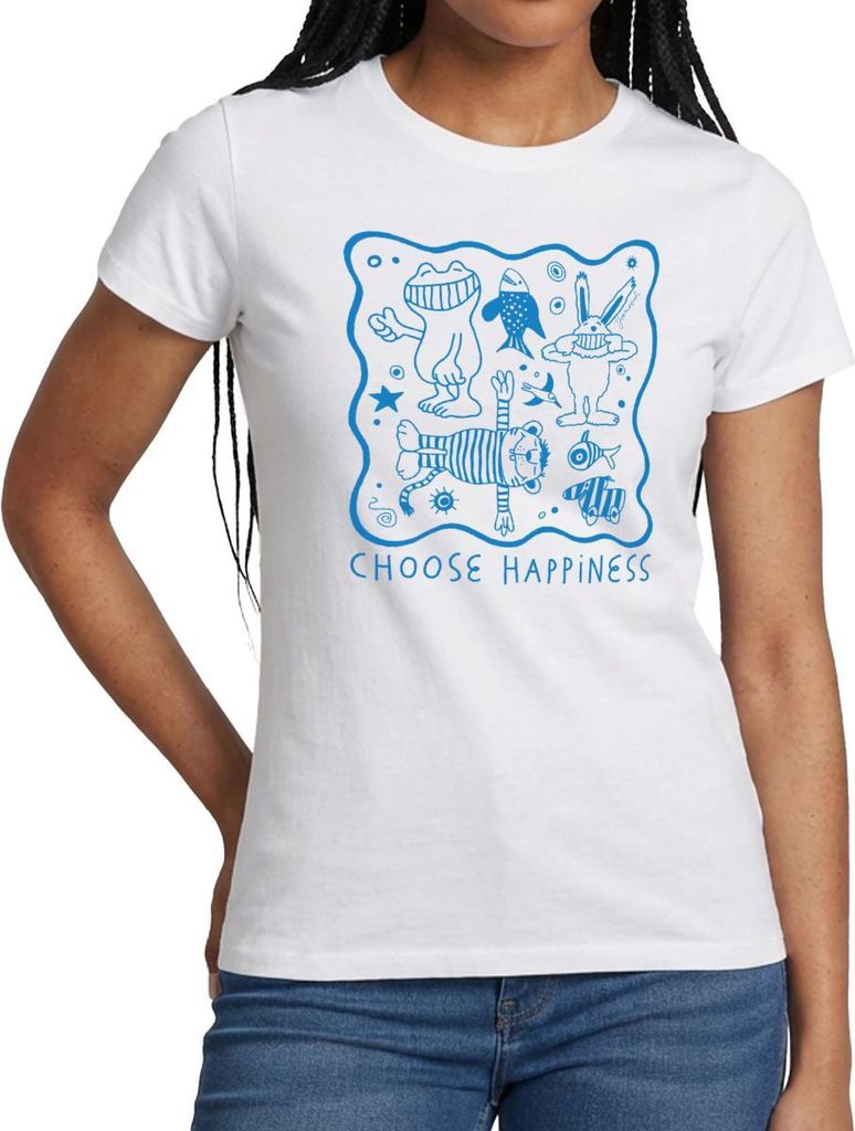Spreadshirt Janosch Choose Happiness Ausmalmotiv Frauen T-Shirt, XXL, Weiß