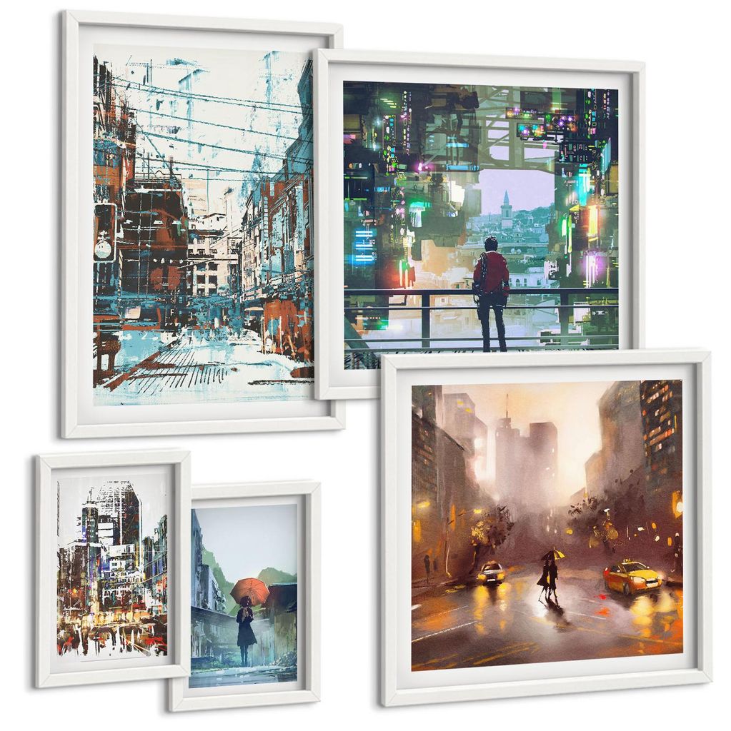 Bilder Set 5-teilig im weißen Rahmen – Wandbilder 5 Stück – gerahmte Poster für Wohnzimmer, Schlafzimmer und Flur – 50x50 cm - 40x60 cm ...