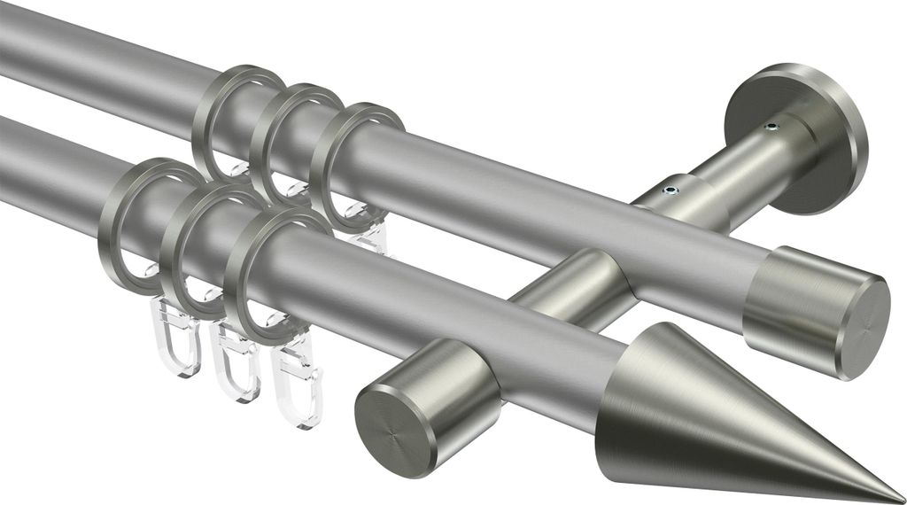 Interdeco Gardinenstange / Vorhangstange Silbergrau / Edelstahl-Optik, Typ Prestige Savio (Kegel), 20 mm Ø 2-läufig, 420 cm