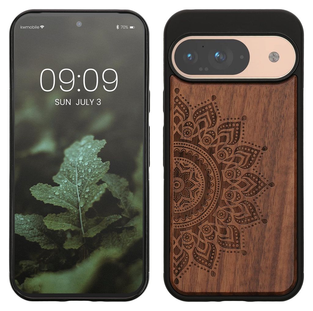 kwmobile Hülle kompatibel mit Google Pixel 9 / Pixel 9 Pro Hülle - Holz Case - Handy Cover - TPU Handyhülle in Dunkelbraun Aufgehende Sonne