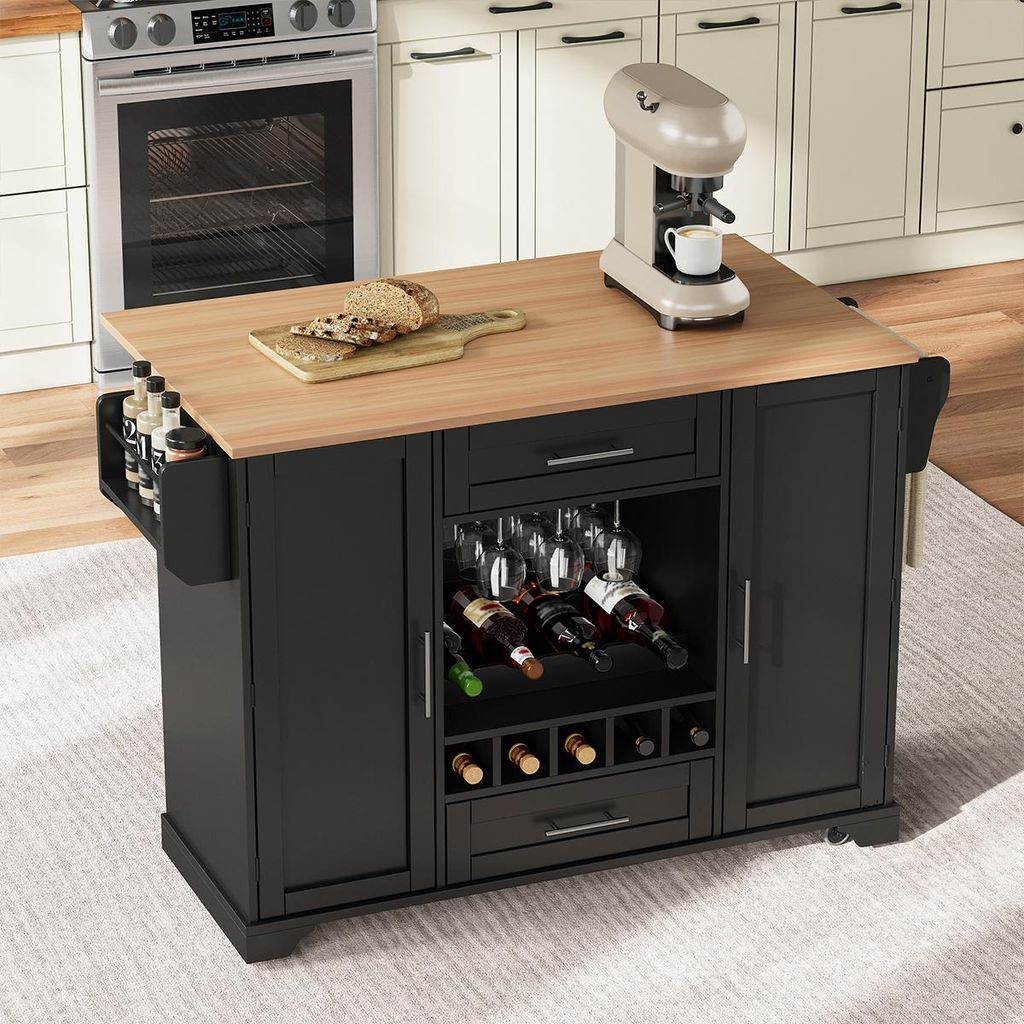 Küchenwagen mit klappbarer Arbeitsplatte und Weinregal Kücheninsel Küchenschrank 120x45/70x92cm Schwarz