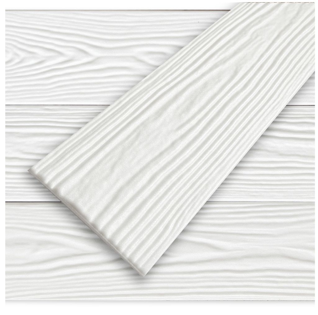 A close-up view of white wooden planks with a textured grain pattern, arranged horizontally with one plank diagonally placed on top.