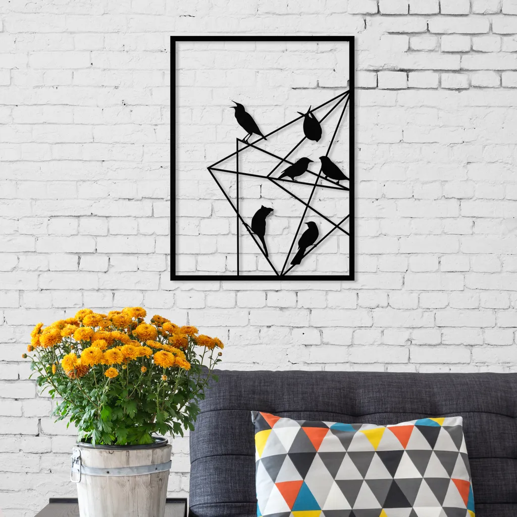 Tableau Mural en Métal Oiseaux sur Fil Décoration Design Moderne Noir