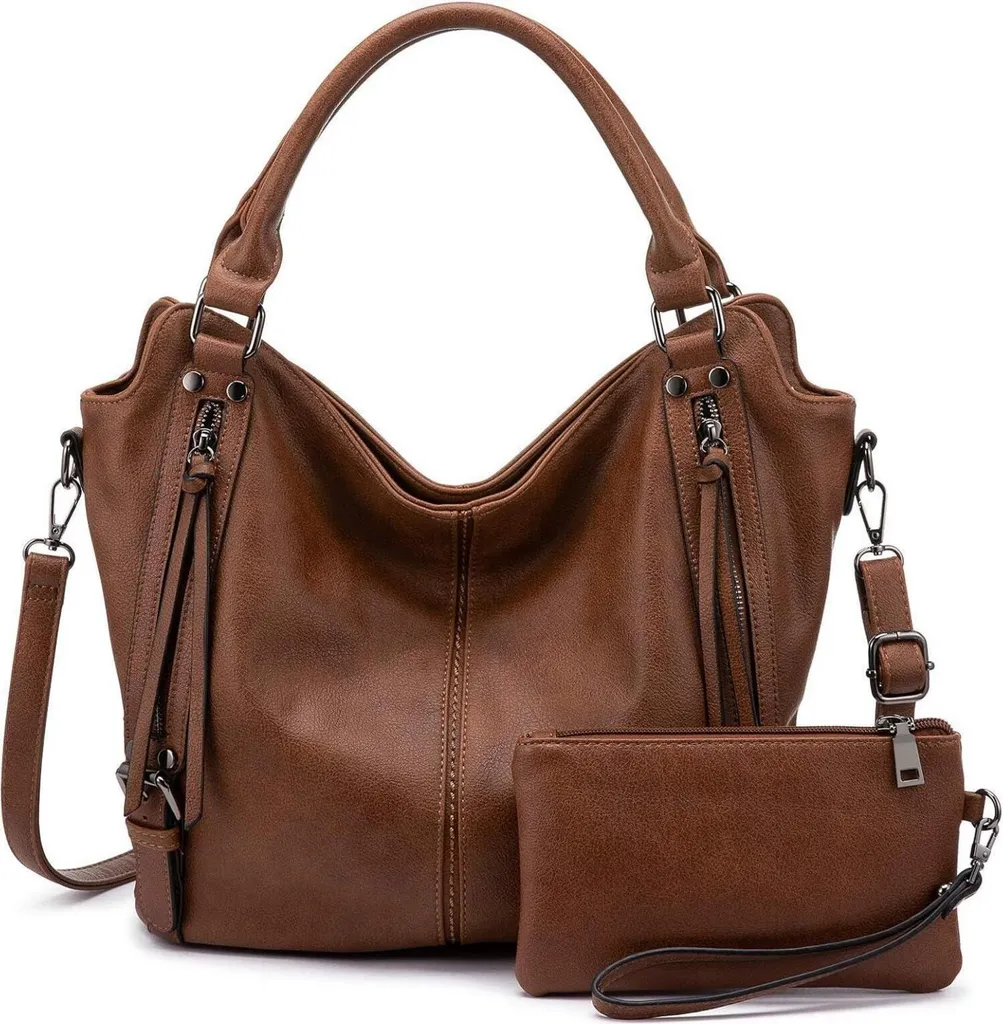 Sac bandoulière femme marron 2 pièces en cuir avec fermeture éclair