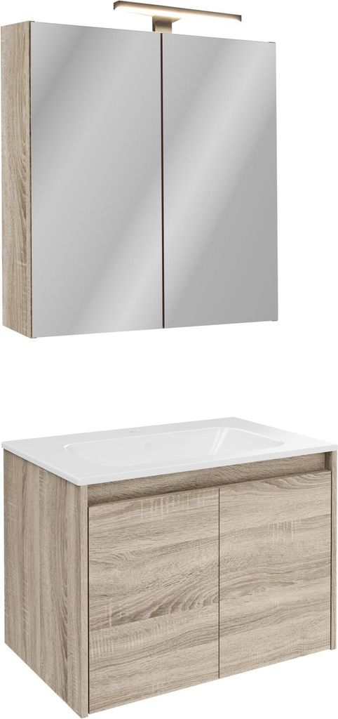 Fackelmann Möbel-Set 5-teiliges Badezimmermöbel-Set in modernem Sonoma Eiche, Waschtischunterschrank, Keramikbecken & beleuchtetem Spiegelschrank