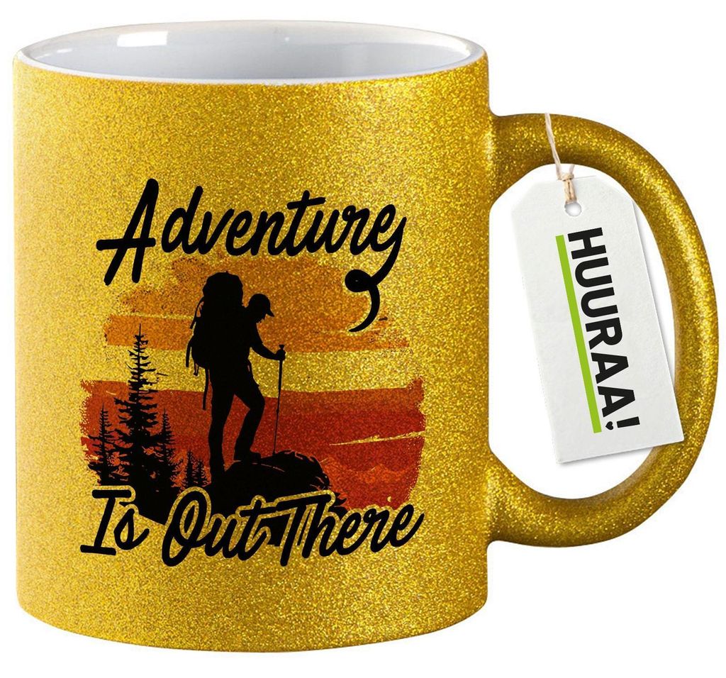 Huuraa Glitzertasse Adventure is out there Backpacking 330ml Gold Keramik Kaffeebecher Geschenkidee