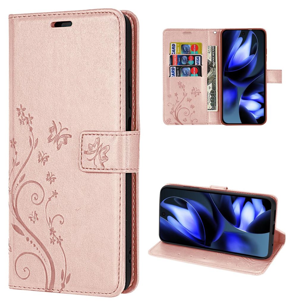 Flower Hülle für Google Pixel 9A Tasche Wallet Case Lederhülle Klappbar Rosegold