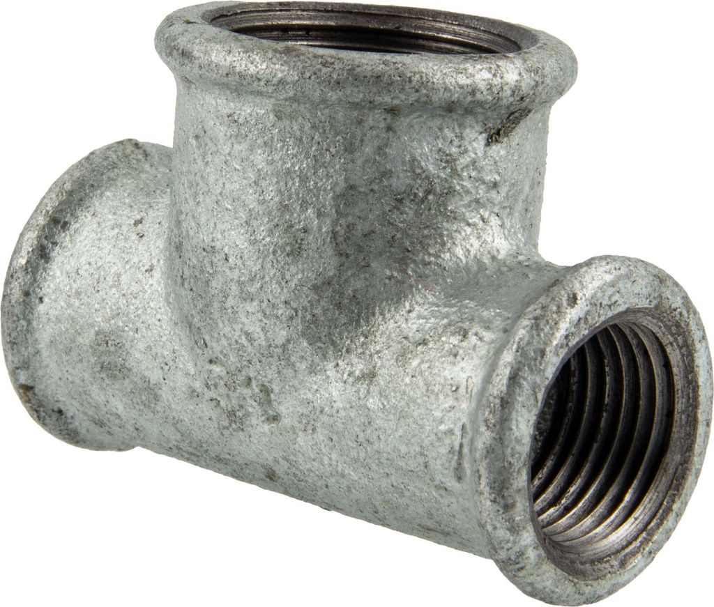 Temperguss-Gewindefitting verzinkt T-Stück reduziert, allseitig IG 1/2 x 3/4 x 1/2 Zoll, Typ 130, DVGW