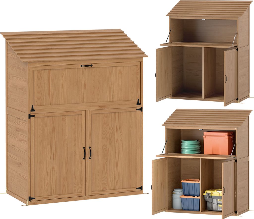 Outsunny Gartenschrank Holz, Geräteschuppen mit Stufen-Pultdach Ablage klappbar Tisch Doppeltüren für Garten, Terrasse, Naturholz