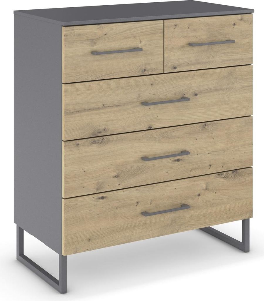 Schubkastenkommode >Butte< in Eiche Artisan / grau metallic - 80x92x42 (BxHxT)