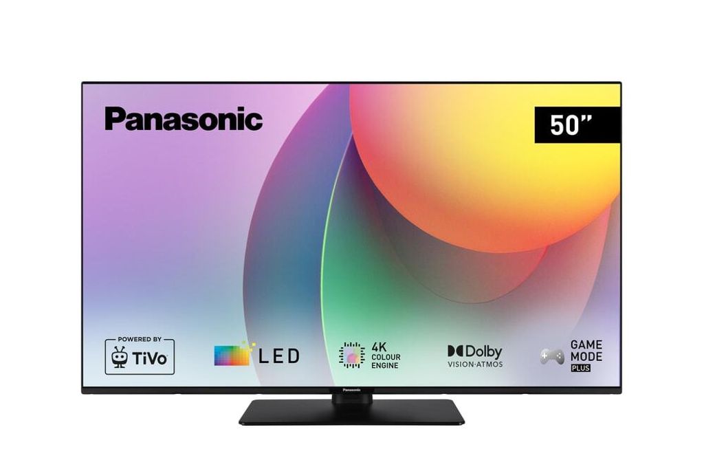 A Panasonic 50-inch 4K LED TV is shown from the front on a white background.