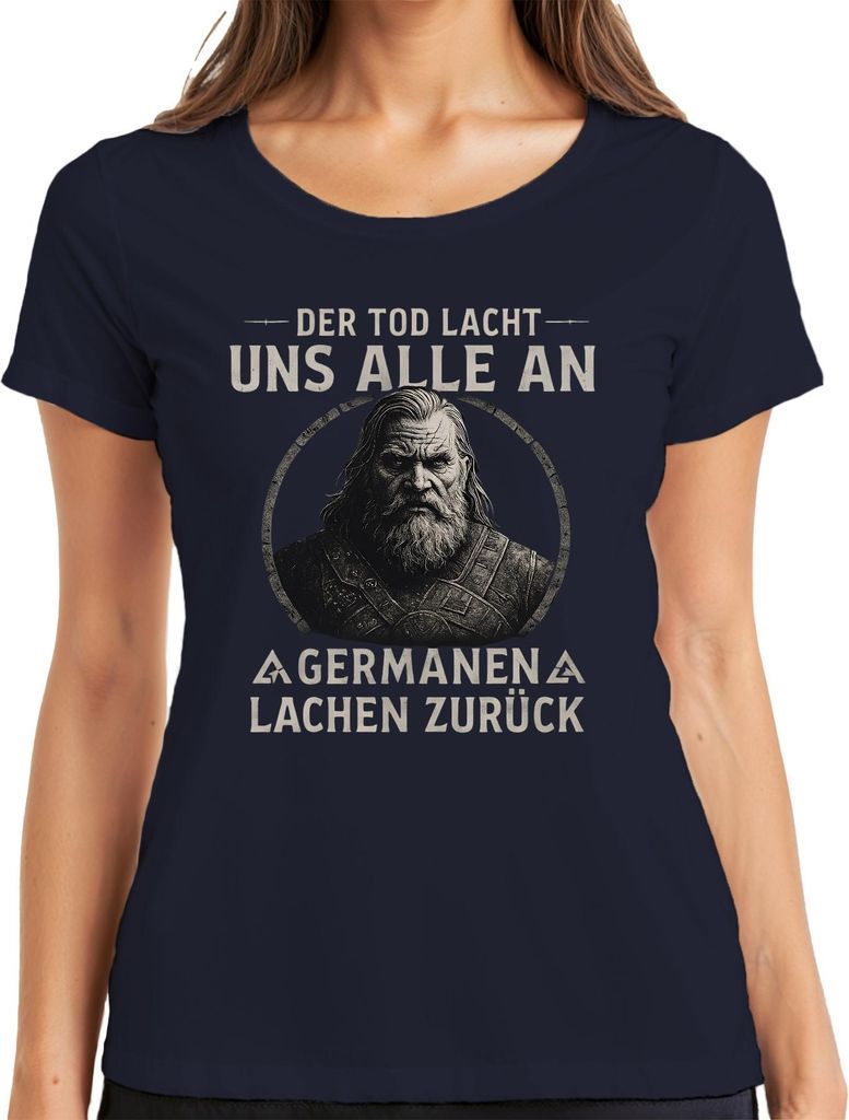 Wikinger Spruch Der Tod lacht uns alle an Lustig Spruch Valhalla Damen T-Shirt, Navy, 3XL