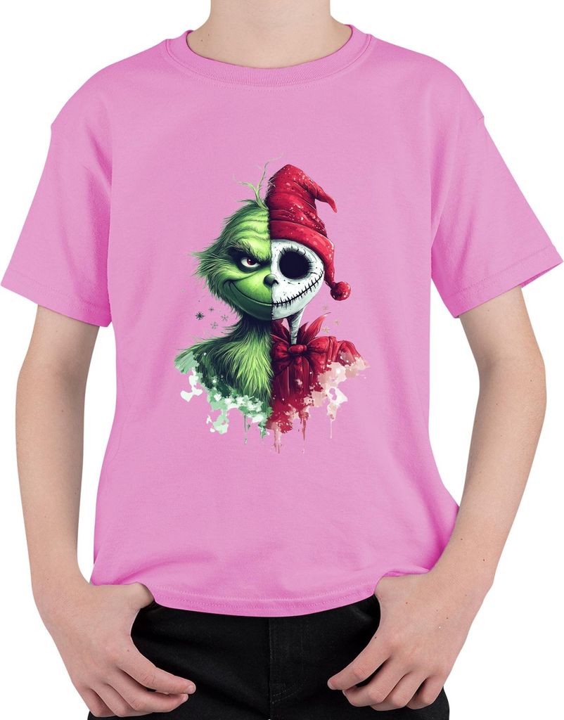 Grinch Jack Skellington Halbgesicht Weihnachten Grusel Halloween Uni Kinder T-Shirt, Pink, 140