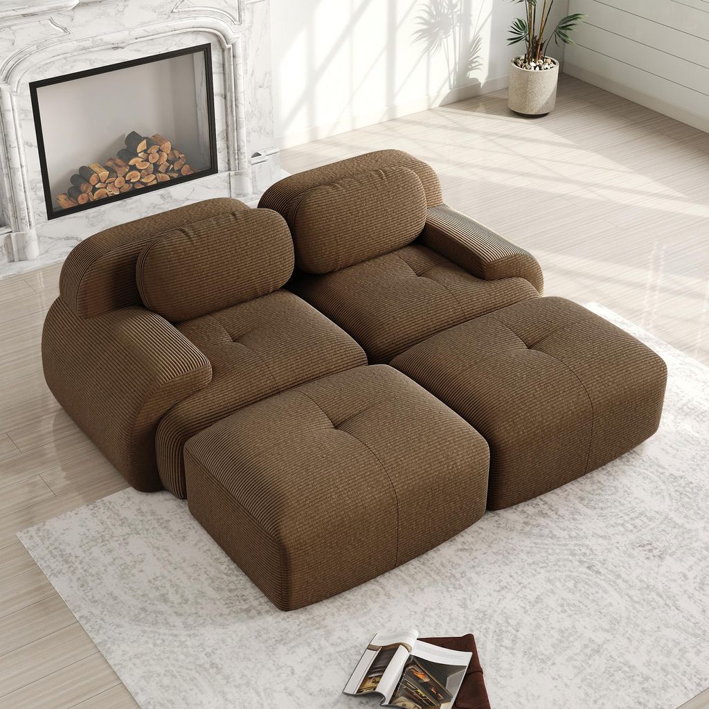2-Sitzer-Sofa aus Cord, modulares Bodenschlafsofa, Ecksofa, rahmenlose Sofas mit geschwungenen Armlehnen und rutschfester Unterseite, braun