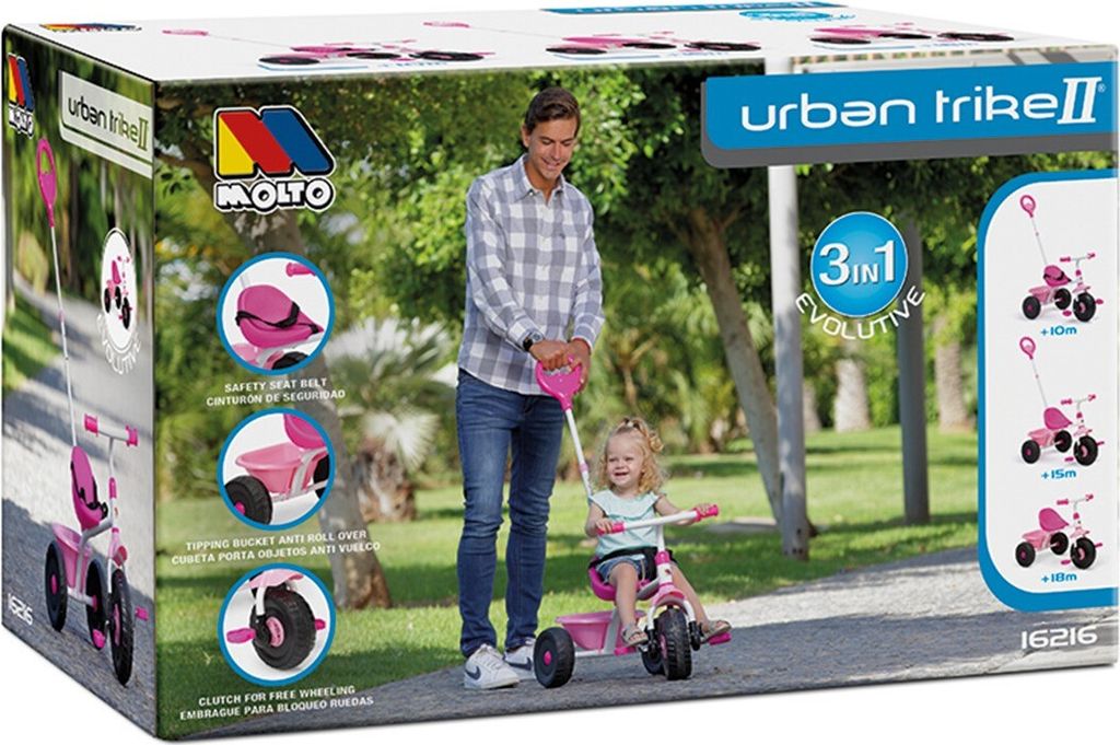 Tricycle Molto Urban Trike 3 En 1 – Rose – Évolutif 10 Mois à 3 Ans – Ceinture, Poignée, Sécurité