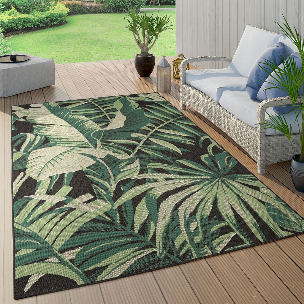 Outdoor Teppich Wetterfest Balkon Palmen Dschungel Florales Boho Muster Grün Grösse 120 cm Rund