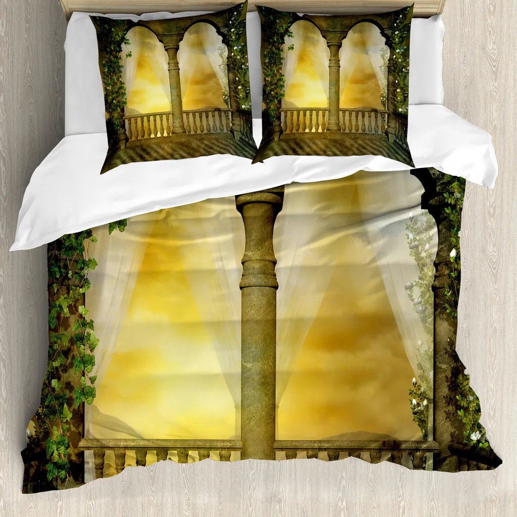 ABAKUHAUS Set copripiumino fantasia per letti matrimoniali, Balcone fiabesco mistico, Antiacaro, Adatto a chi soffre di allergie, con federe, Giallo Verde Marrone chiaro
