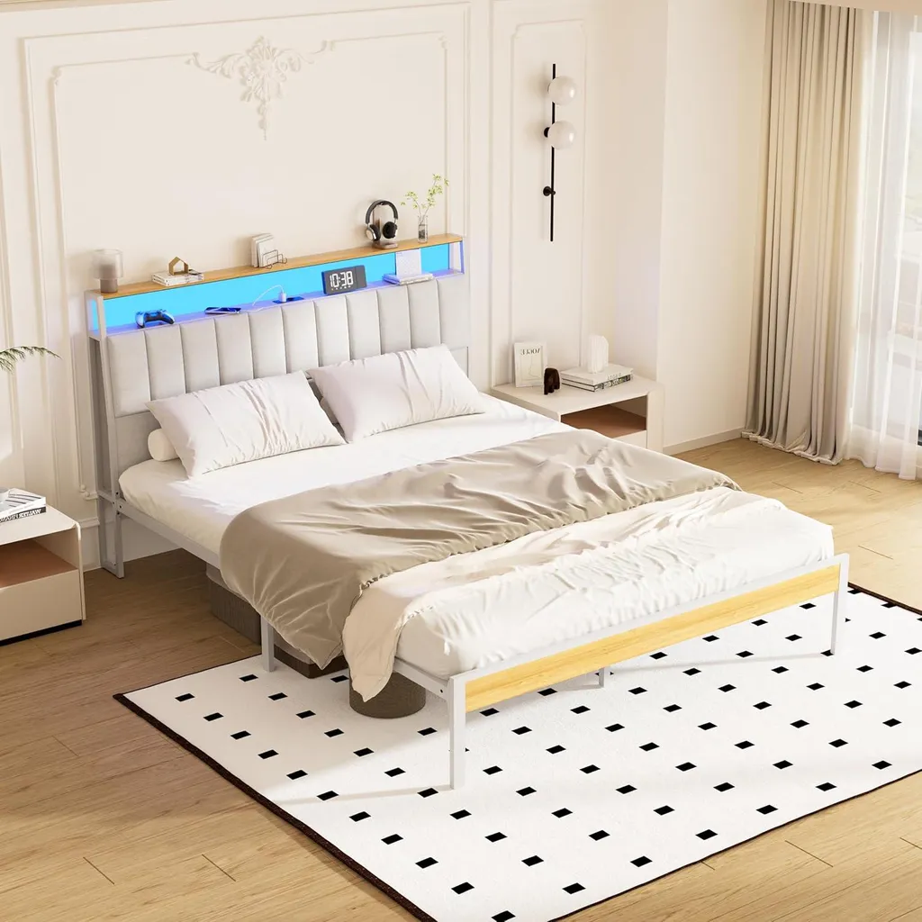 Lit 2 personnes 140x190 avec LED et Prises Métal - Style Industriel