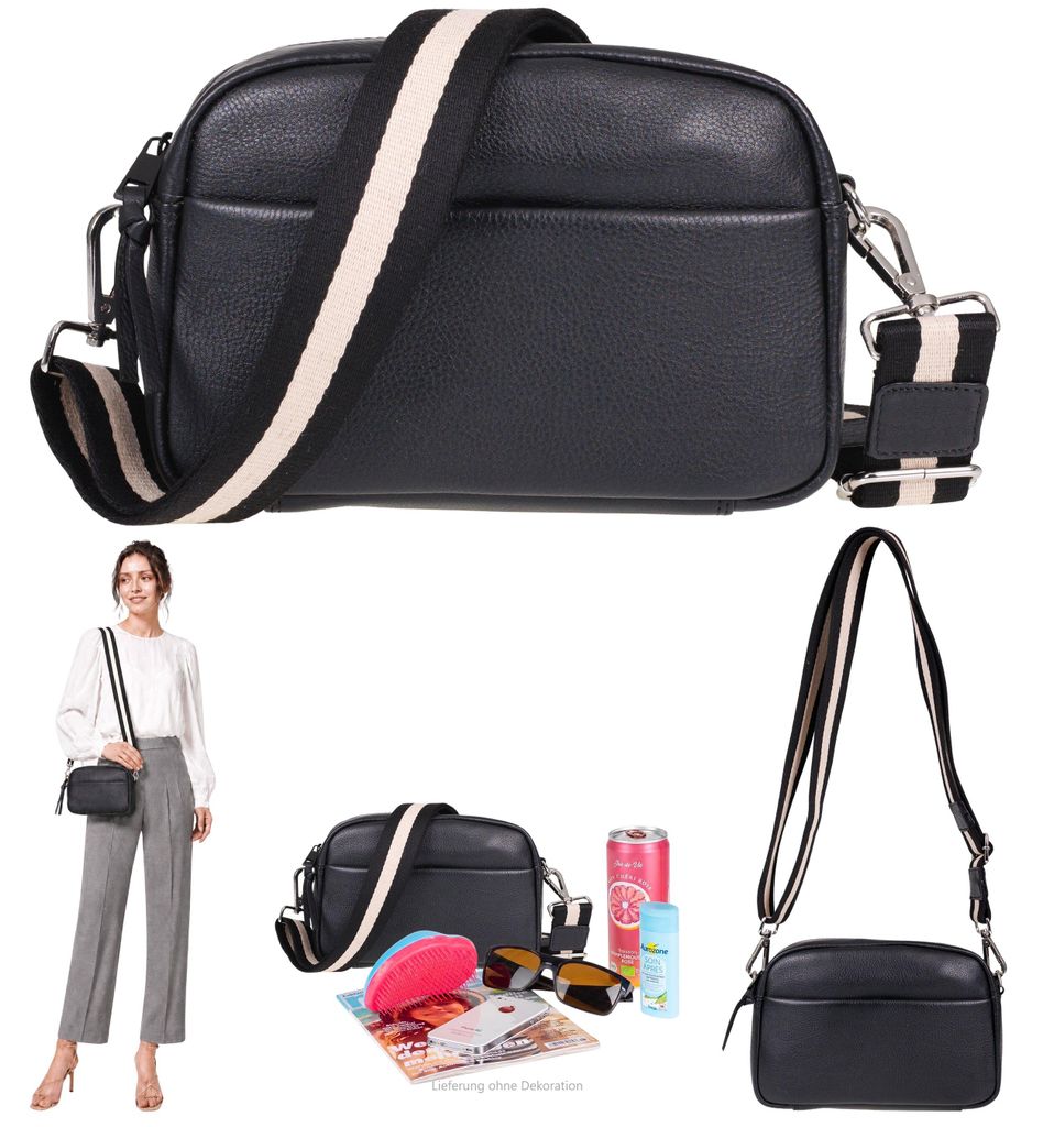 Handtasche echtes Leder klein Damen Tasche Echtleder Umhängetasche Mode Bag Ledertasche Alessandro Salvatore Milano Crossbody 12976 Schwarz + Etui