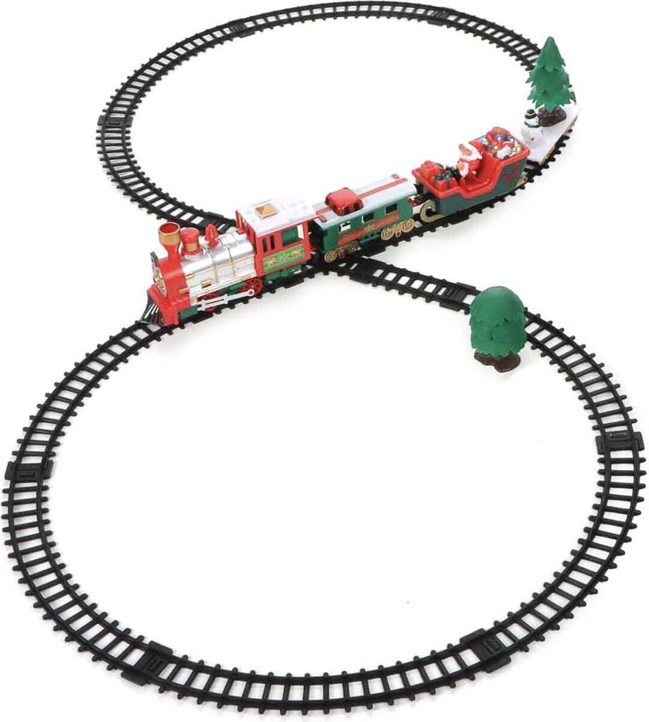Weihnachtszug mit Licht und Ton, 22 Teile inkl. Lok, Weihnachtsmannschlitten, Waggon und Frachtwagen mit Schneemann und Tanne