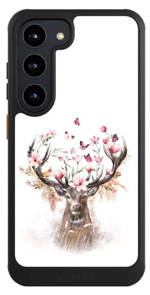NIVOCASE Hülle für Samsung Galaxy S23 Handyhülle NIVOcore Case Schwarz Blumen Hirsch Tiere