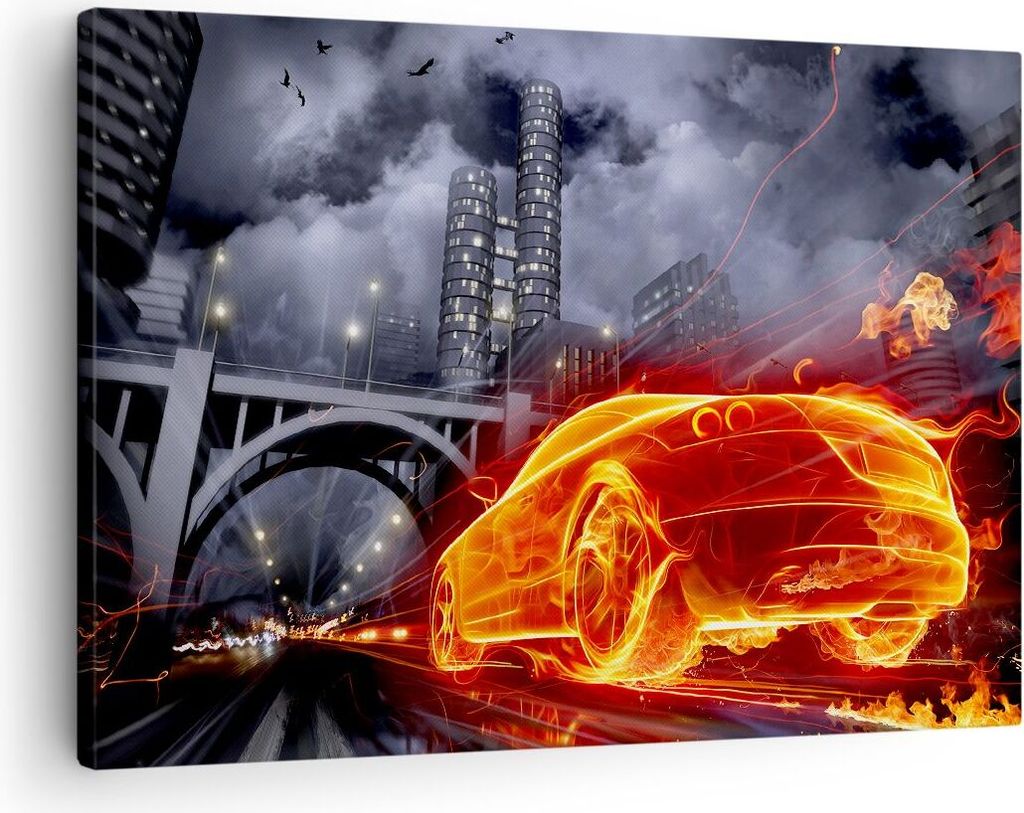 Bild auf Leinwand - Leinwandbild - Auto Flammen Räder - 70x50cm - Wand Bild - Wanddeko - Wandbilder - Leinwanddruck - Bilder - Kunstdruck - Wandde...