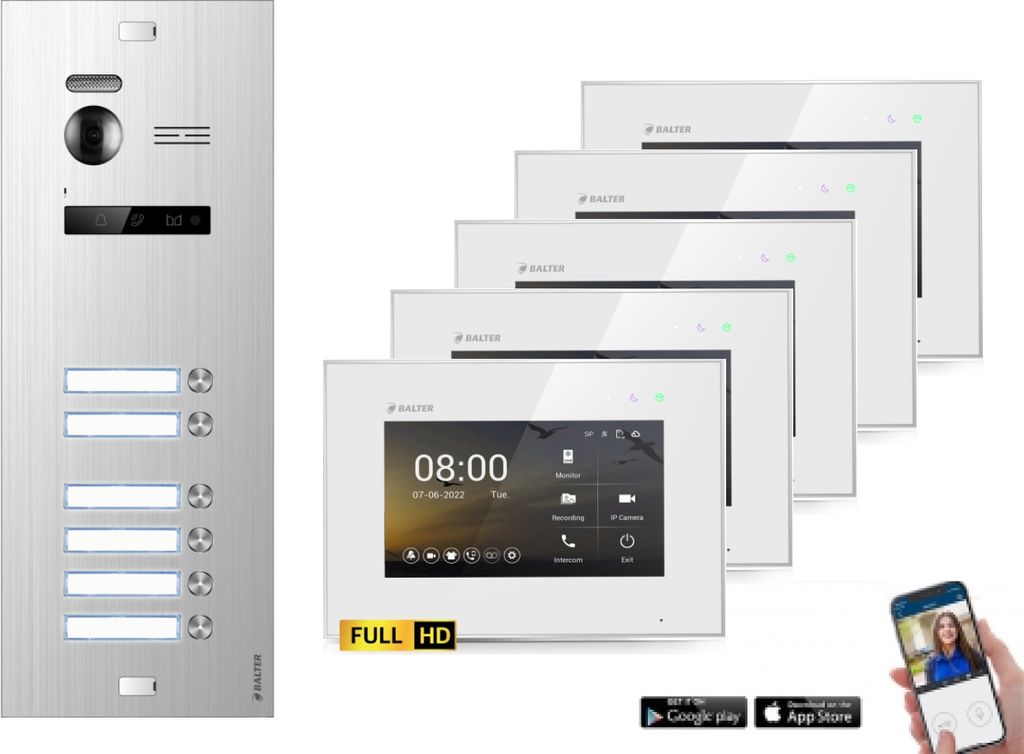 BALTER EVO HD Silber Video Türsprechanlage Set 6 Teilnehmer 6x 7" WLAN Monitor Weiß