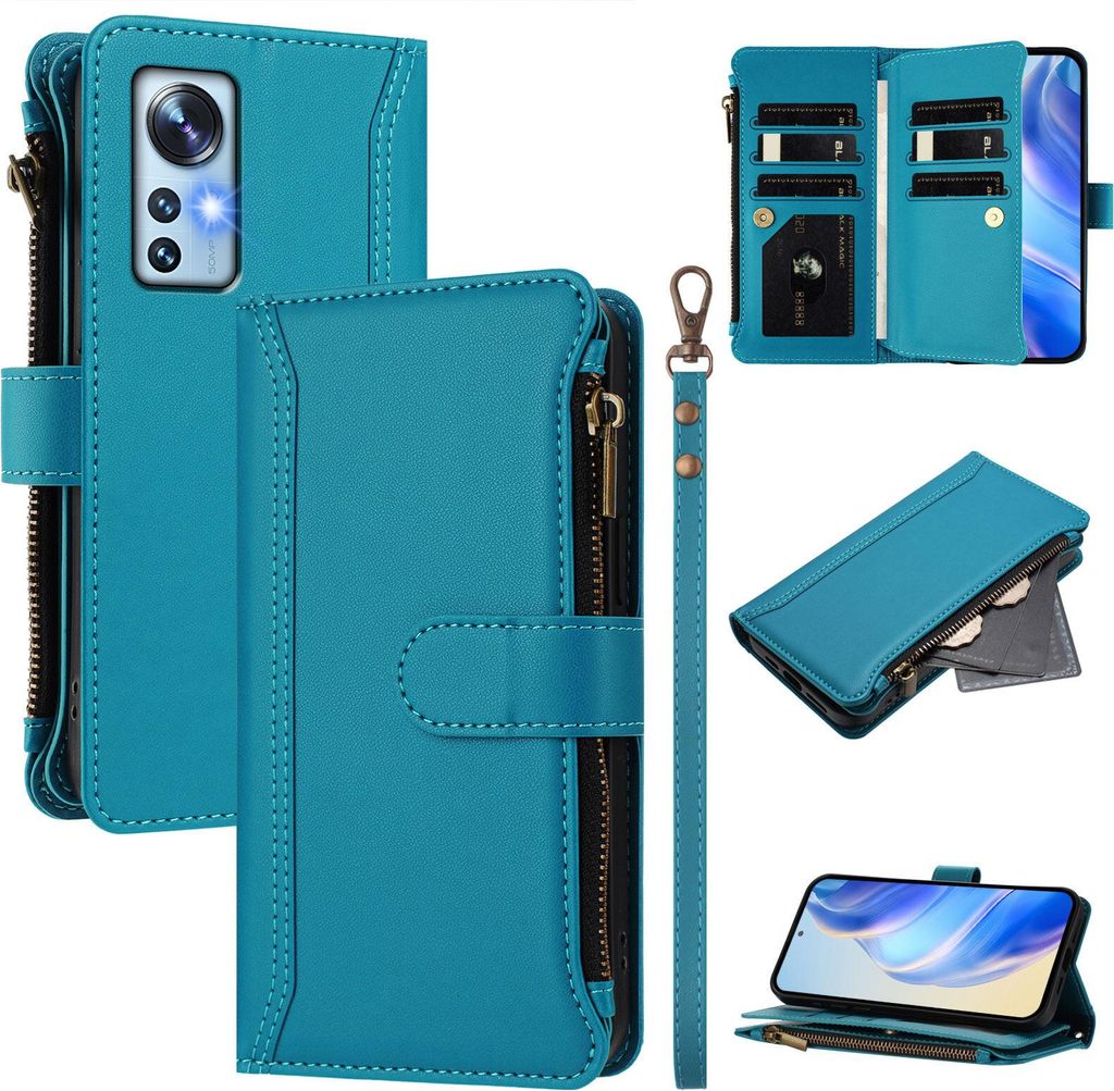 Handyhülle für Xiaomi 12/12X/12S Reißverschluss Geldbörse Kunstleder Klapphülle mit Kartensteckplatz, Ständer, Handschlaufe Blau