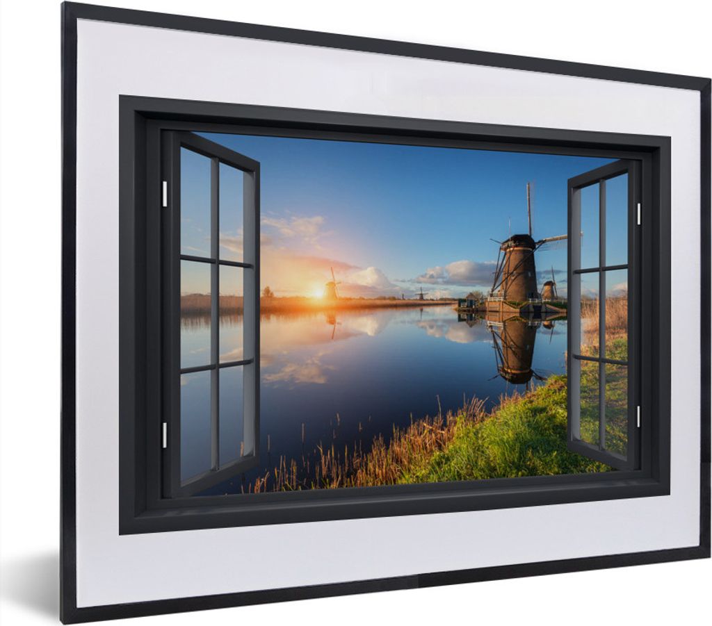 MuchoWow MuchoWow Gerahmtes Poster Aussicht - Mühle - Sonne 40x30 cm - Poster mit zchwarzem Bilderrahmen - Bilderrahmen - Poster im Rahmen