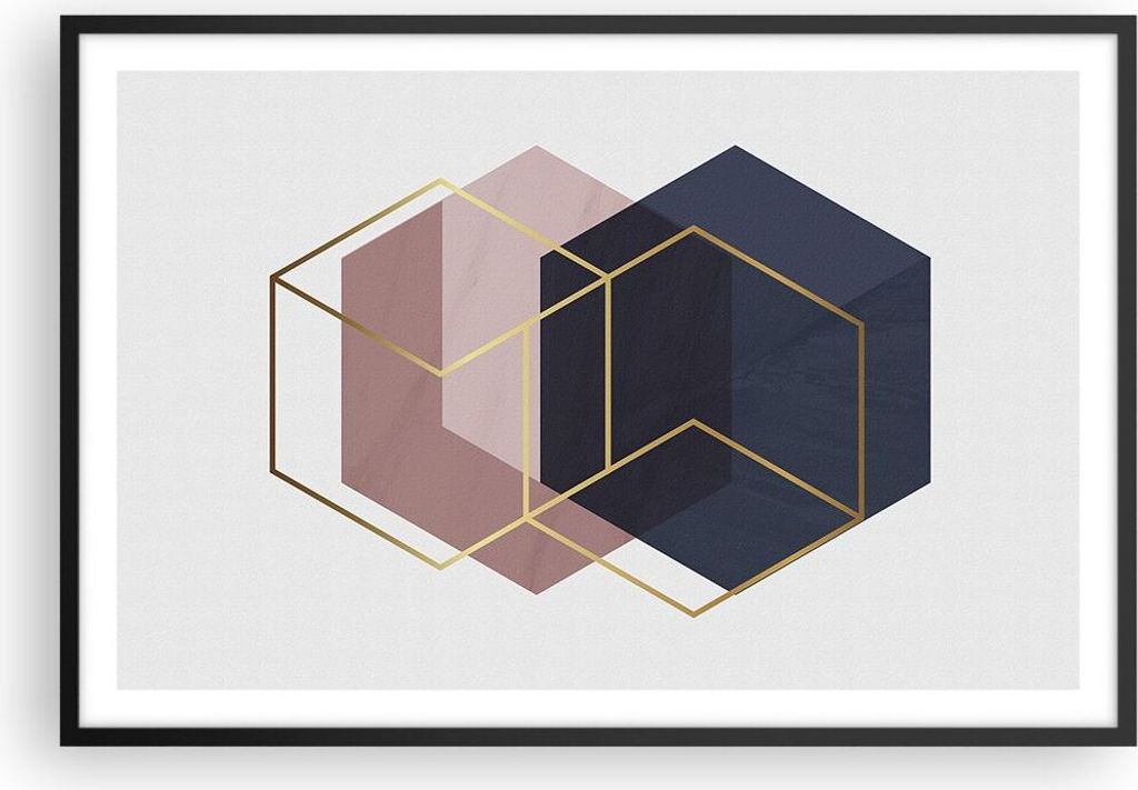 Gerahmtes Poster - Schwarzer Rahmen - Sechsecke Modern Gold - 91,5x61 cm - Wand Bild - Wanddeko - Wandbilder - Kunstposter - Wandposter - Bilderrah...