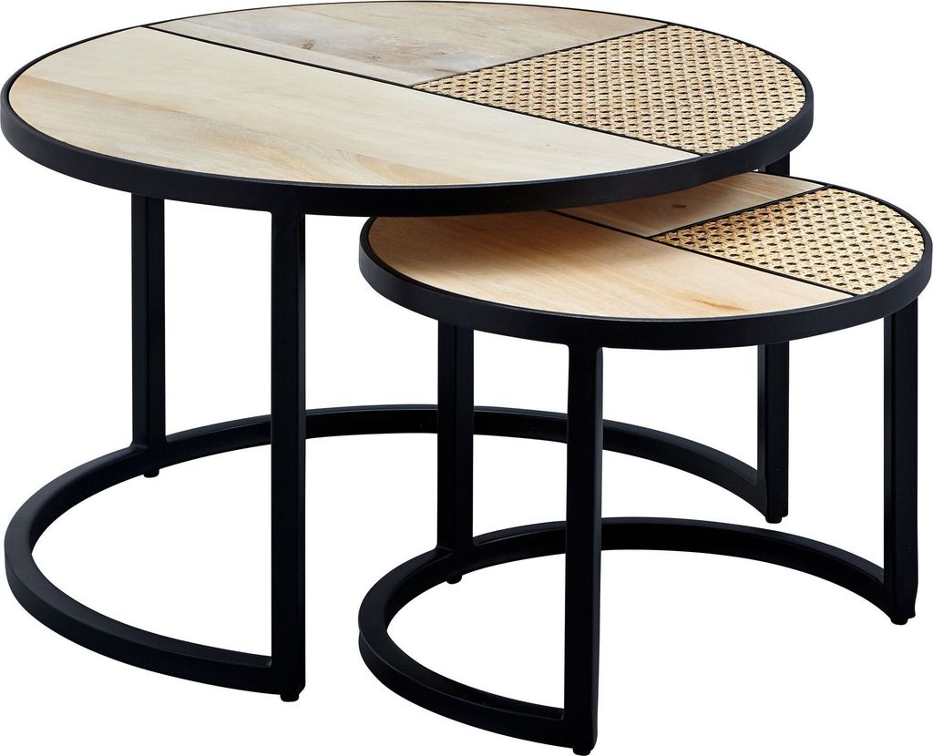 Design Wohnzimmertisch 2er Set Mango / Rattan Beistelltisch Rund, Couchtisch Wiener Geflecht, Tischset 2-teilig mit Metallbeine, Satztisch Holz / M...