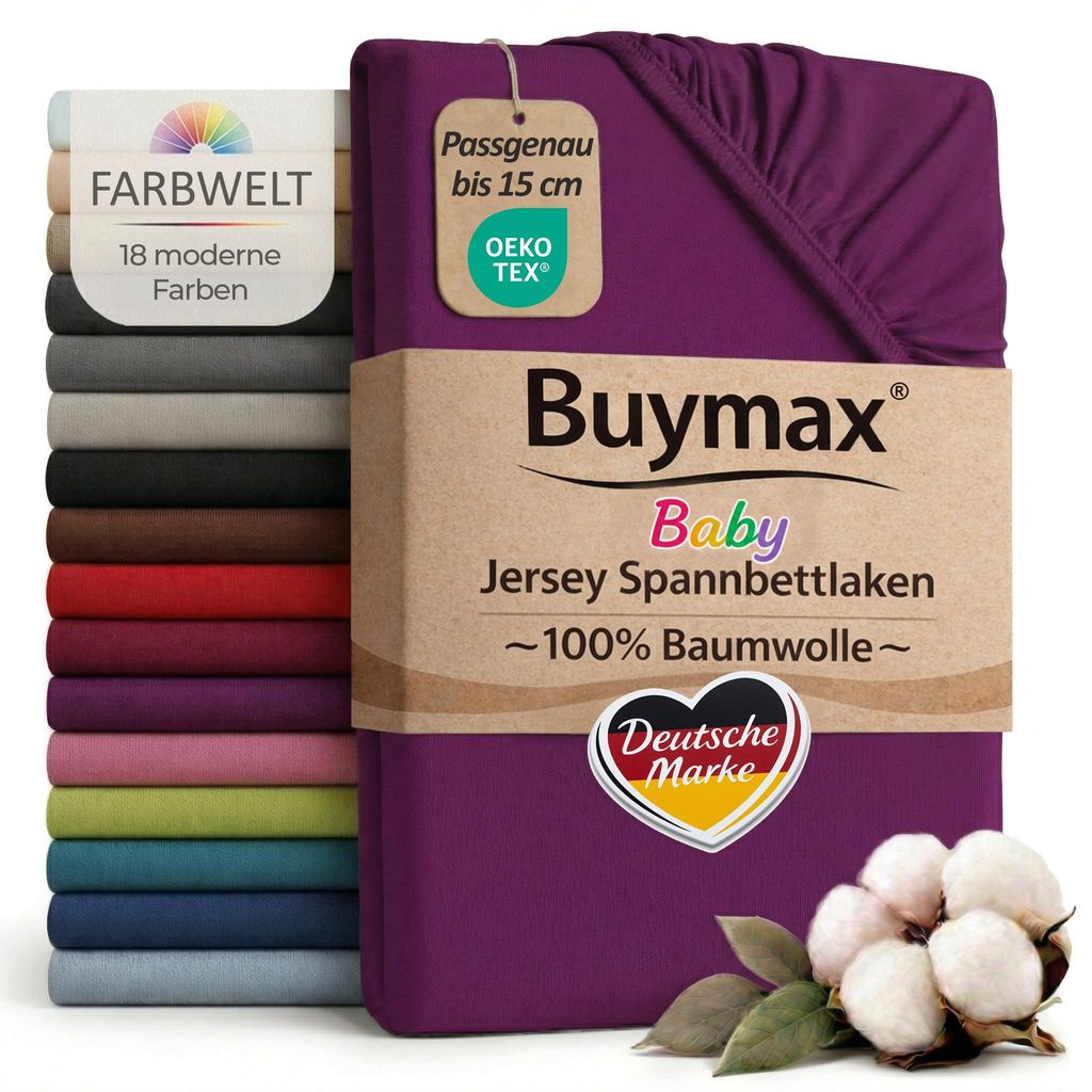 Buymax Baby Spannbettlaken 60x120 cm Aubergine, Jersey 100% Baumwolle, Kinderbett Bettlaken, bis 15 cm Matratzenhöhe