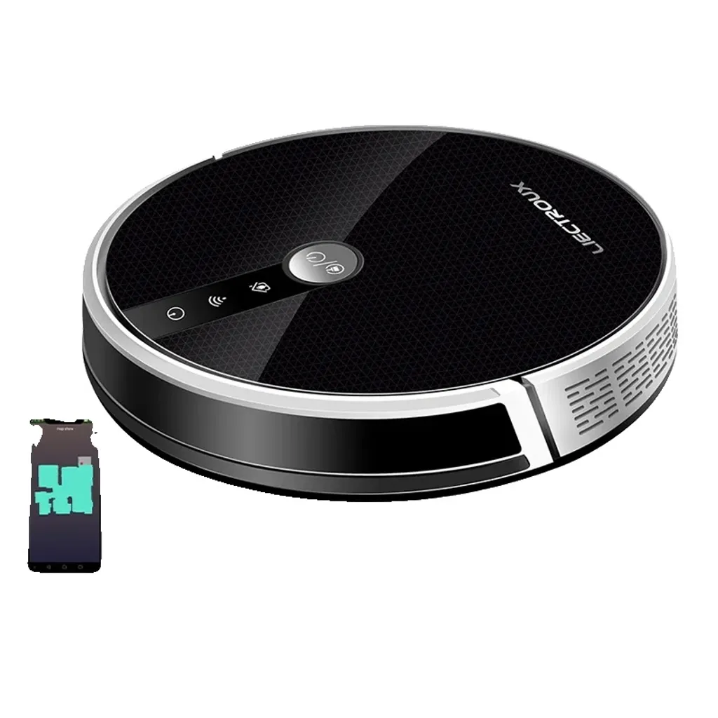 Aspirateur robot noir avec navigation IA et contrôle WiFi intelligent