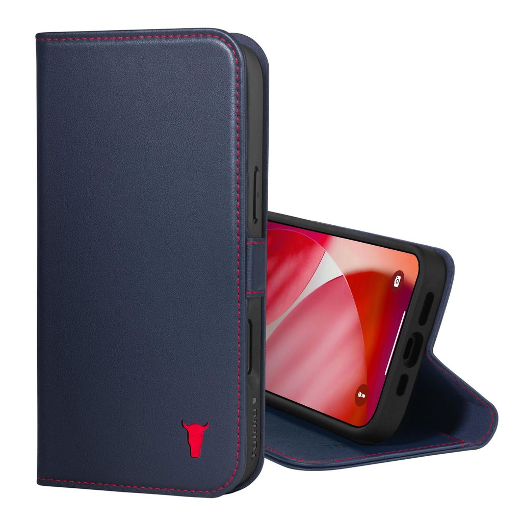 A dark blue leather phone case with red stitching and a red bull logo is shown. The phone case is open, revealing a phone screen with a colorful wallpaper.