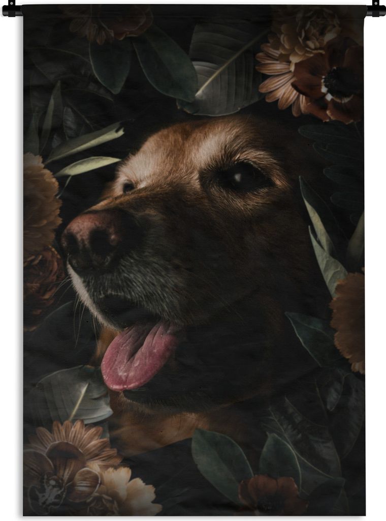 MuchoWow Wandteppich Wandbehang Hund - Blumen - Pflanzen 60x90 cm Tapisserie Dekoration Wandtuch - Foto-Teppich - Abwaschbar