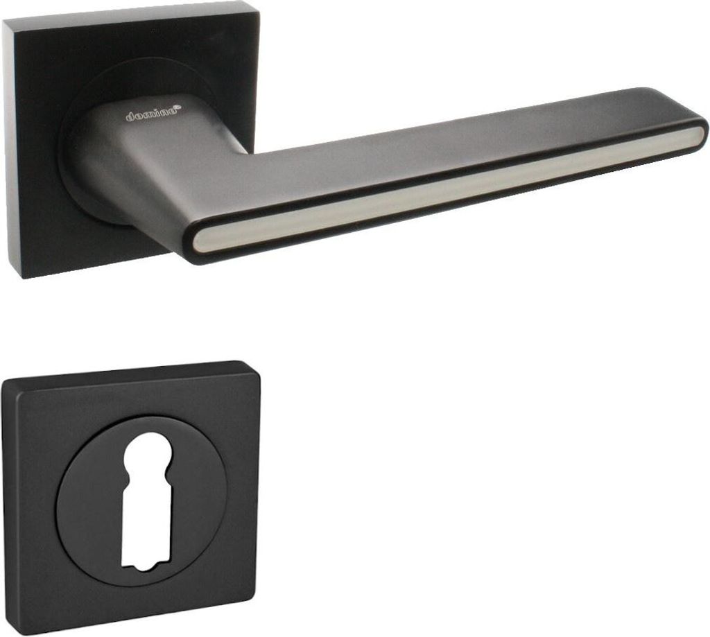 A black door handle set with a square rosette and a keyhole escutcheon.