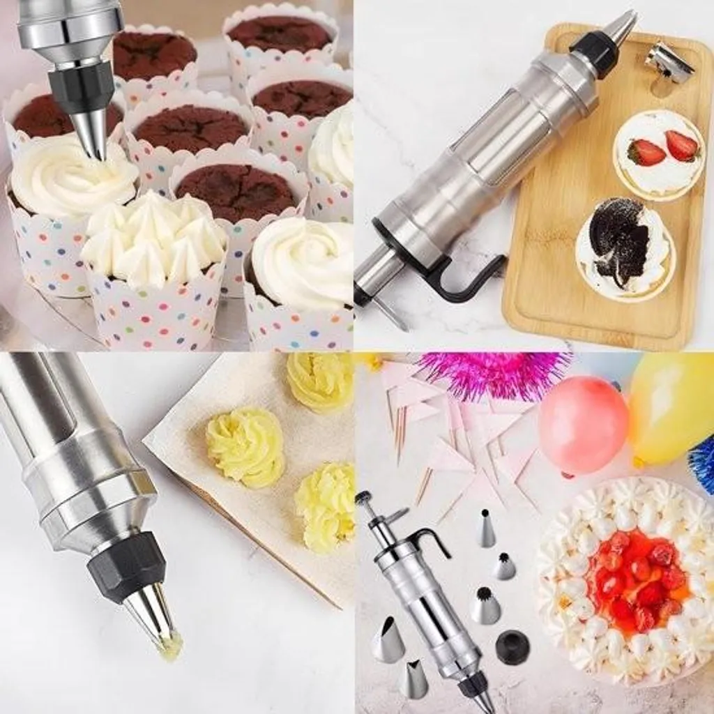 Set Decoratore Torte Professionale - Siringa Inox con Tulle e 6 Beccucci
