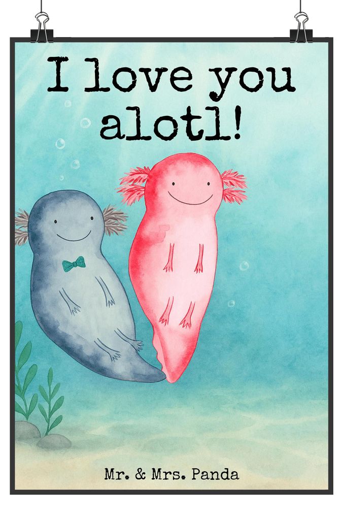 Mr. & Mrs. Panda Bild Axolotl Liebe Design DIN A4 - Weiß - Geschenk, Kunstdruck, Liebesgeschenk, drucke, Mitbringsel, Valentinstag, wanddeko, für...