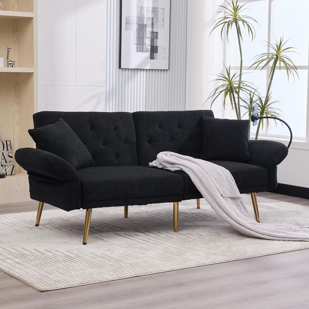 Sweiko Multifunktionales Sofa-Bett für zwei Personen mit verstellbarer Rückenlehne, zwei USB-Anschlüsse, Handyhalter, Seitentasche, Metallbeinen...