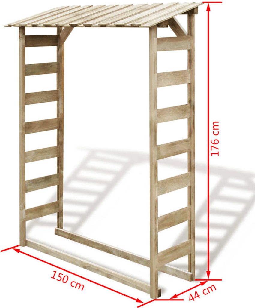 A wooden firewood storage shed with dimensions indicated.