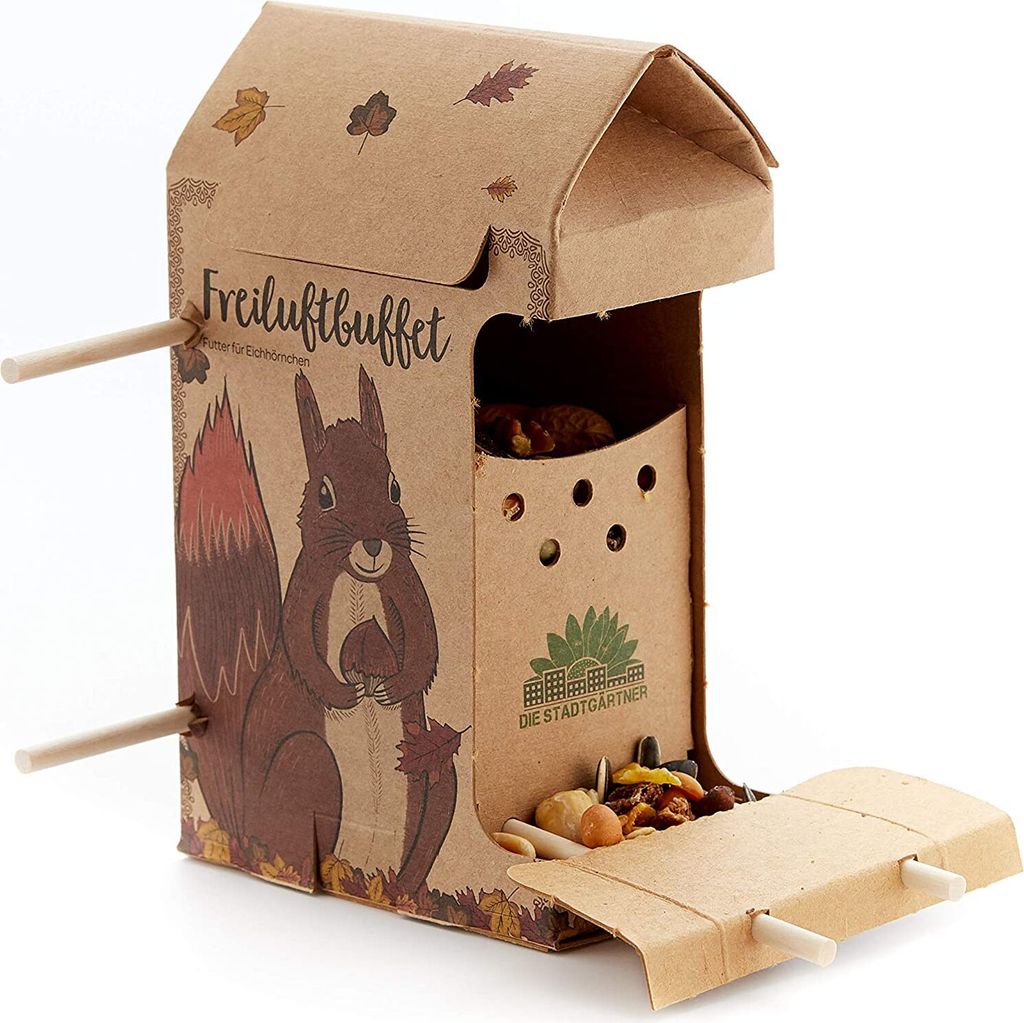 Die Stadtgärtner – Freiluftbuffet für Eichhörnchen I Futterstelle für Eichhörnchen I Wetterfeste Futterstation aus Naturkarton mit Schnur & ...