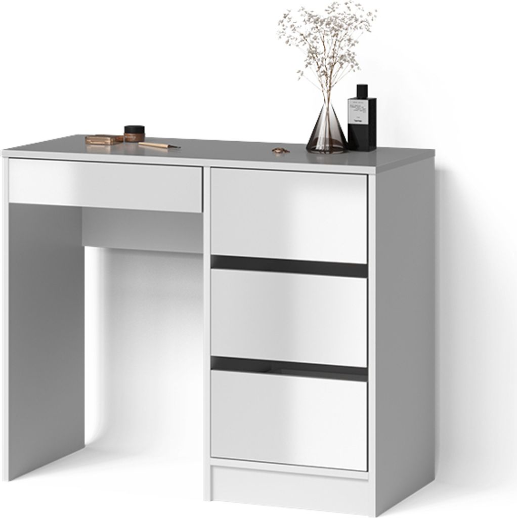A white vanity table with drawers and a drawer on the left side, placed against a white background. A vase with flowers and a bottle of perfume are on top of the table.