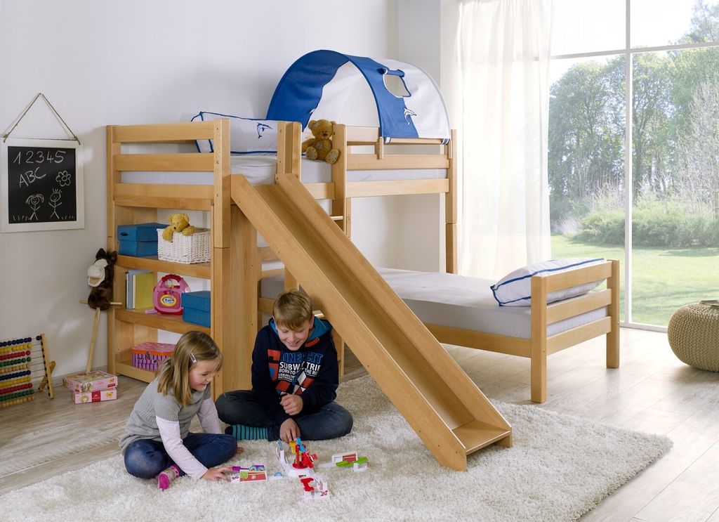 Etagen- bzw. 2. Einzelbetten Beni Buche massiv Natur lackiert mit Rutsche 90x200