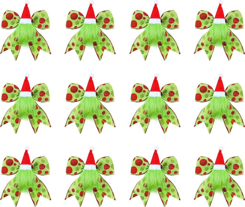 12 Stück Weihnachtsschleifen mit roten und grünen Punkten, rustikale Schleife aus Sackleinen mit grünem Pelzhaar und Weihnachtsmannmütze für W...