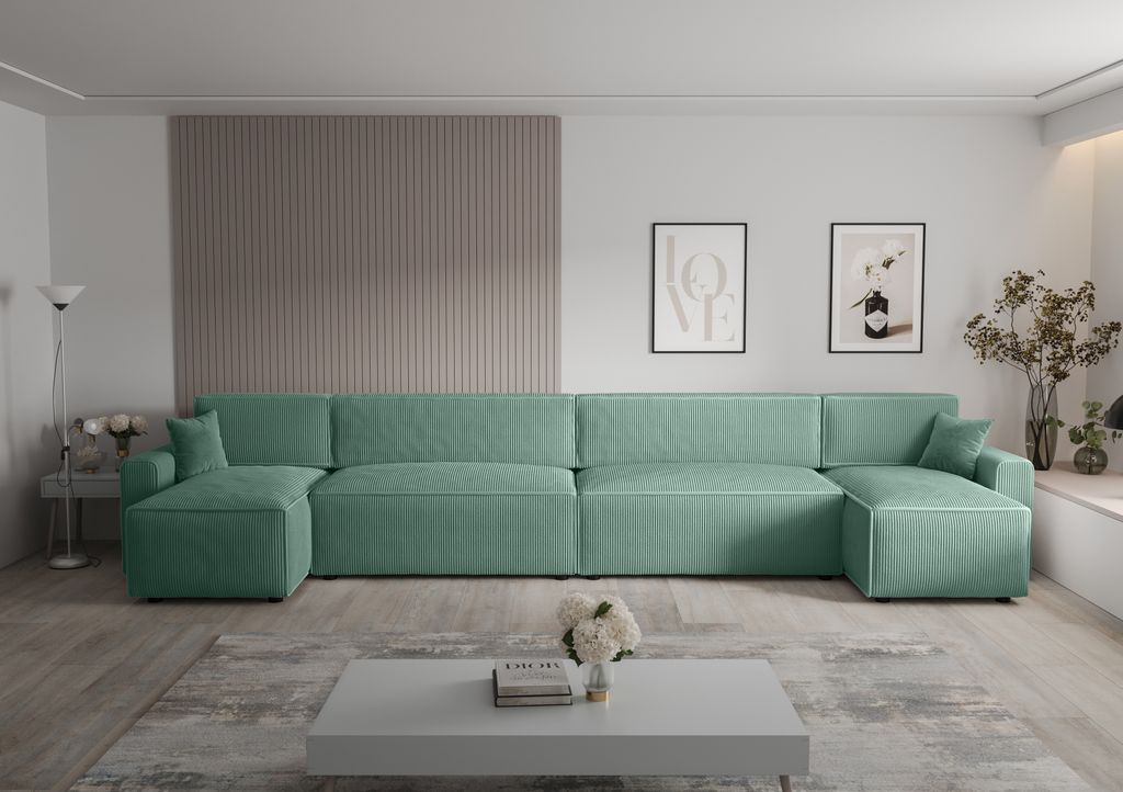 Ecksofa Alvito 2xU BIS, Farbe: Patina. Material: Kord. A: B: 424 cm,H: 85 cm,Tiefe: 105 cm, Eckcouch, Schlafcouch, Sofa bed, Schlafsofa