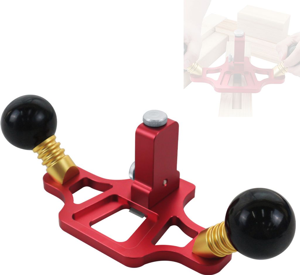 A red aluminum alloy woodworking plane with black handles and gold accents is shown against a white background. A smaller, faded inset image shows the tool in use with wood.