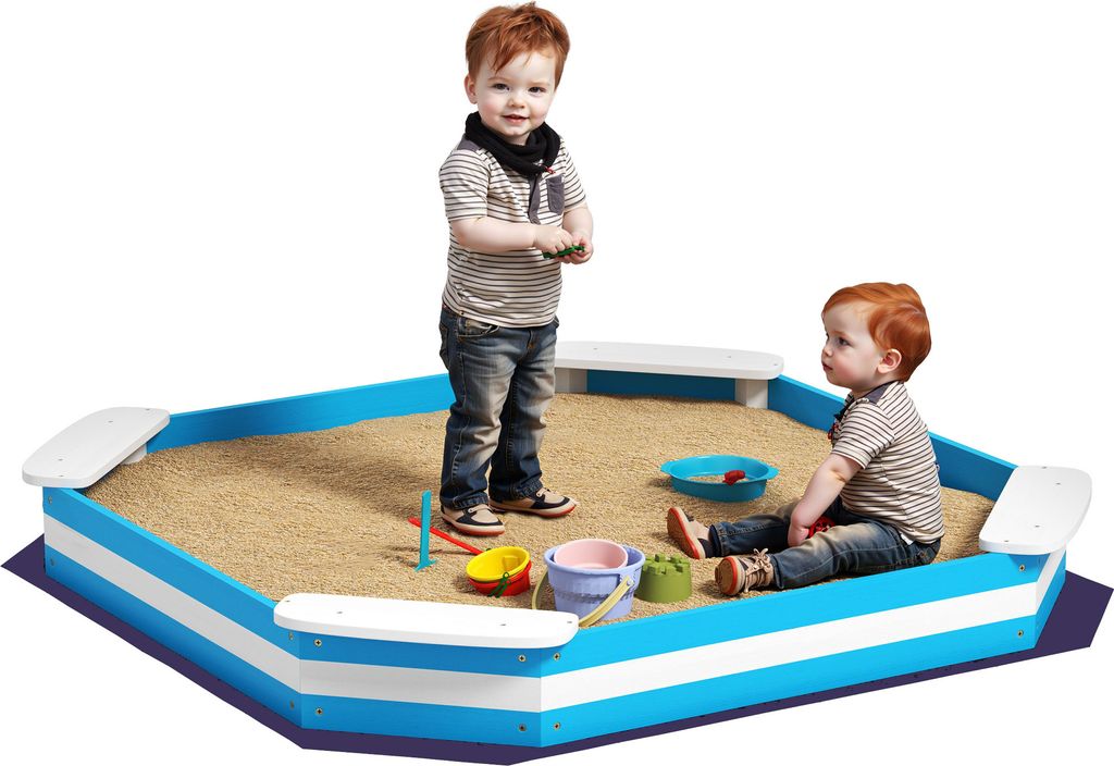 AIYAPLAY Sandkasten 133 x 108 cm Sandkiste aus Holz Sandbox mit Sitzbank, Bodenschutzfolie für 4 Kinder 3-7 Jahre Blau