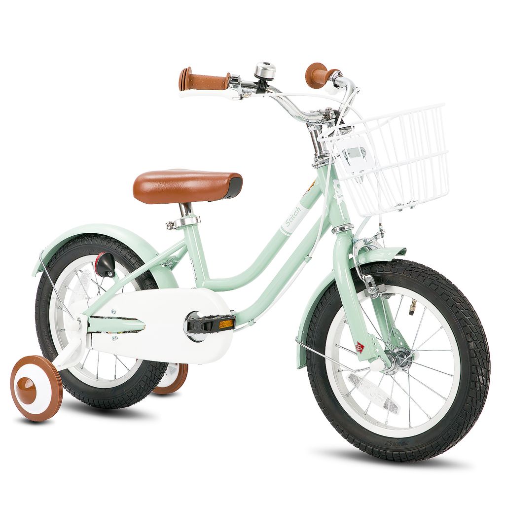 STITCH 12 Zoll Kinderfahrrad mit Korb, Schutzblechen, vollständigem Kettenkasten & Stützrädern,Geeignet für Anfänger, Kindergeschenk, Grün