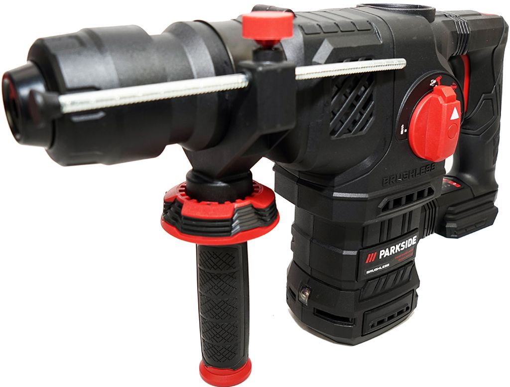 A black and red cordless rotary hammer drill is shown against a white background.