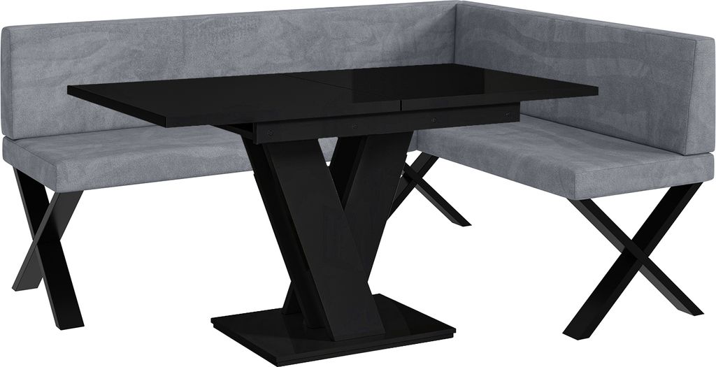MEBLINI Eckbank für Esszimmer mit ausziehbarem Tisch - Küchenbank - Essecke - Sitzecke Küche - TONI - X-Beine 128x168x87cm Rechts - Grau Samt/M ...